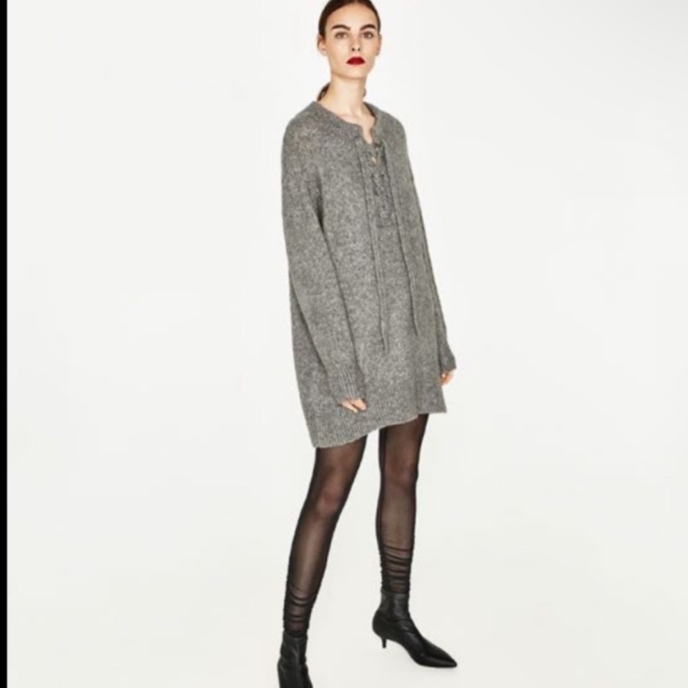 Zara Wool/Mohair Blend Oversized Front LaceUp Knit Long Sleeve Sweater DressNWOT